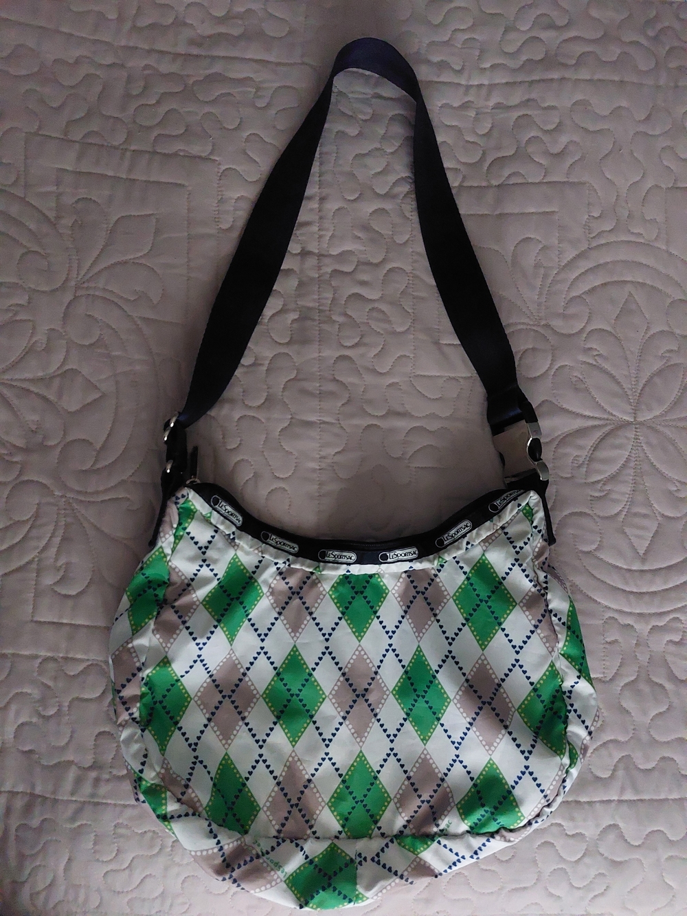 Lesportsac Green and White Argyle Crossbody Shoulder Bag